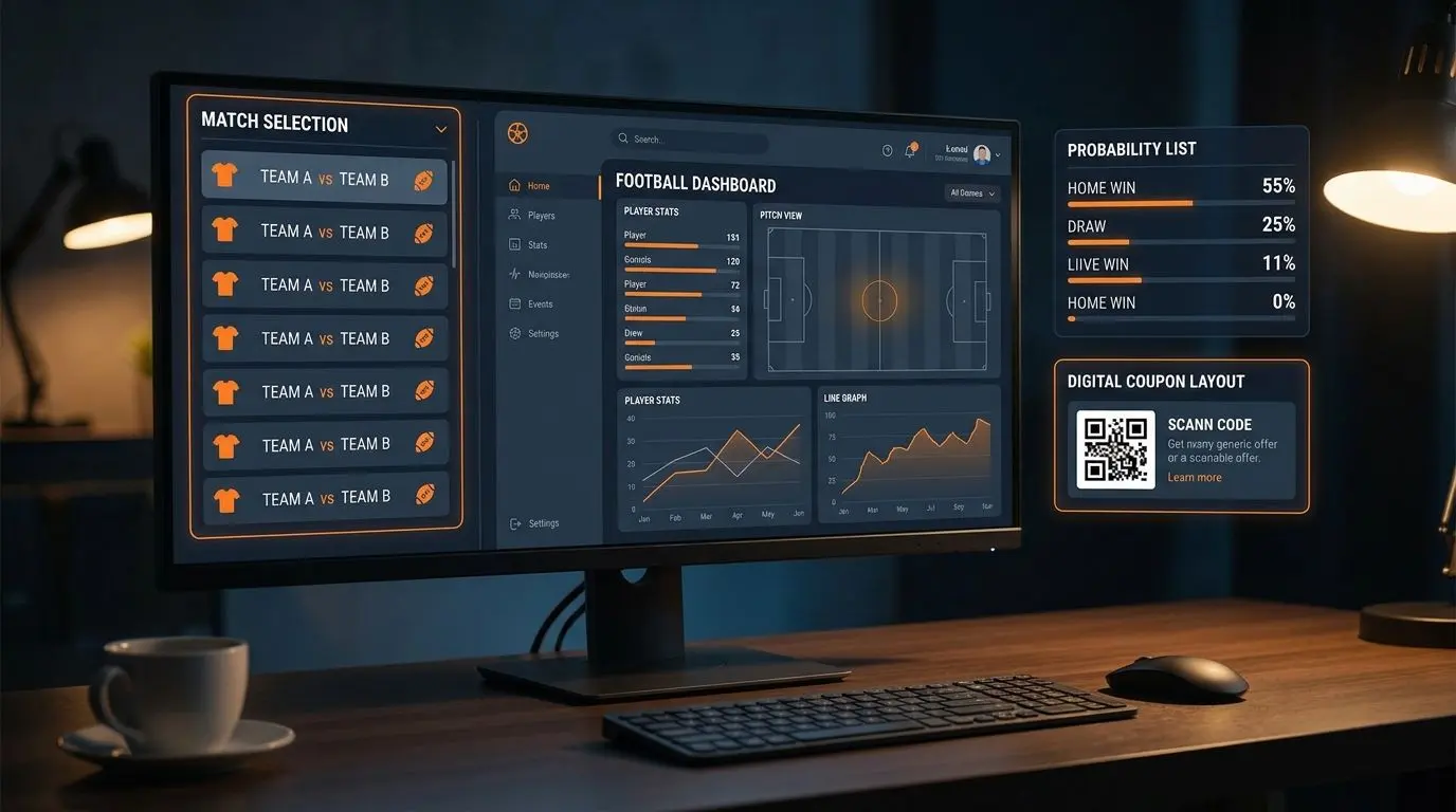 Översikt av digital matchkupong och statistiklista för sportspel på skrivbord