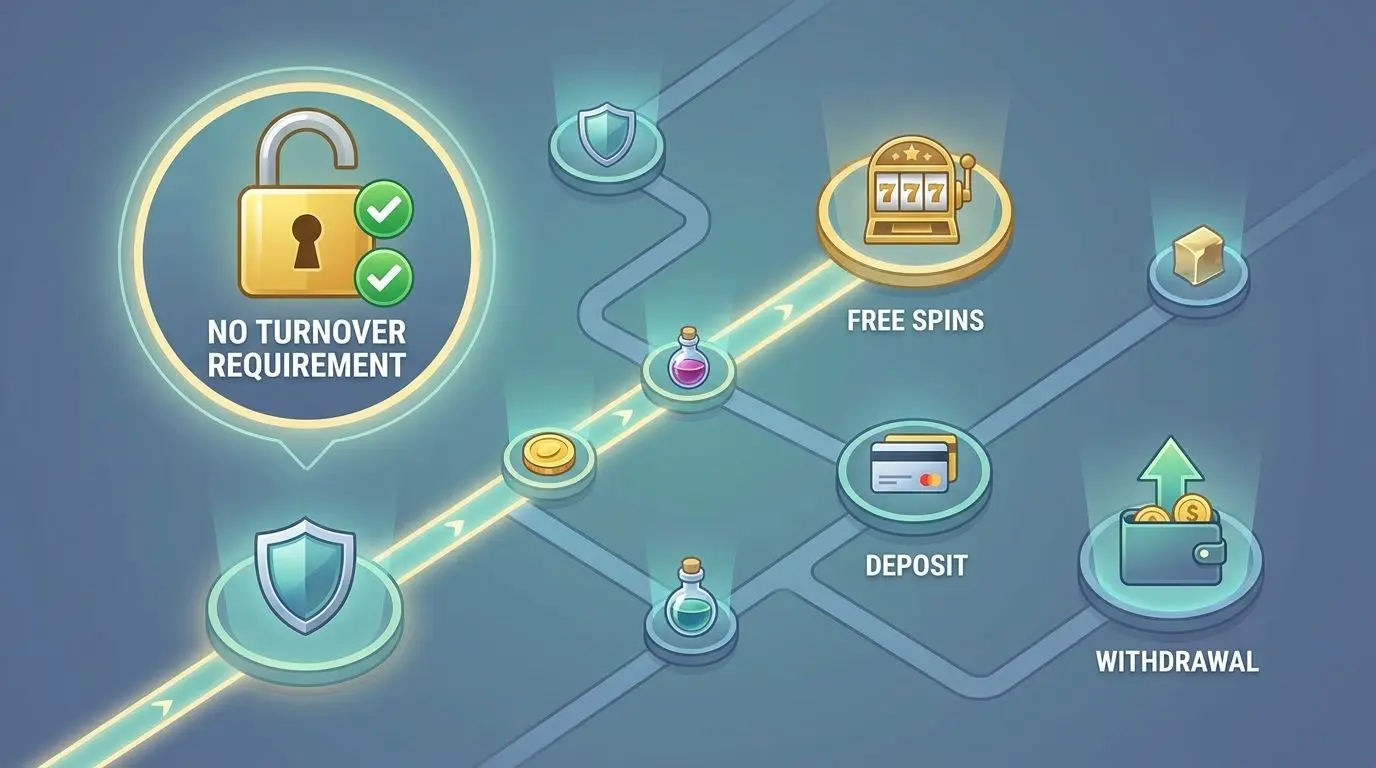 Grafisk översikt av bonus med free spins, insättning och uttag utan omsättning