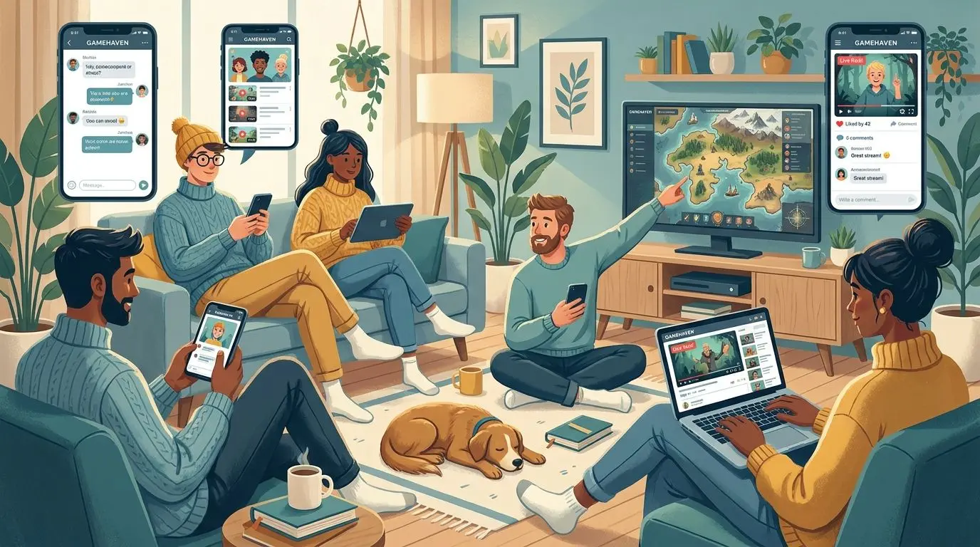 Illustration av sociala medier och community kring en spelplattform