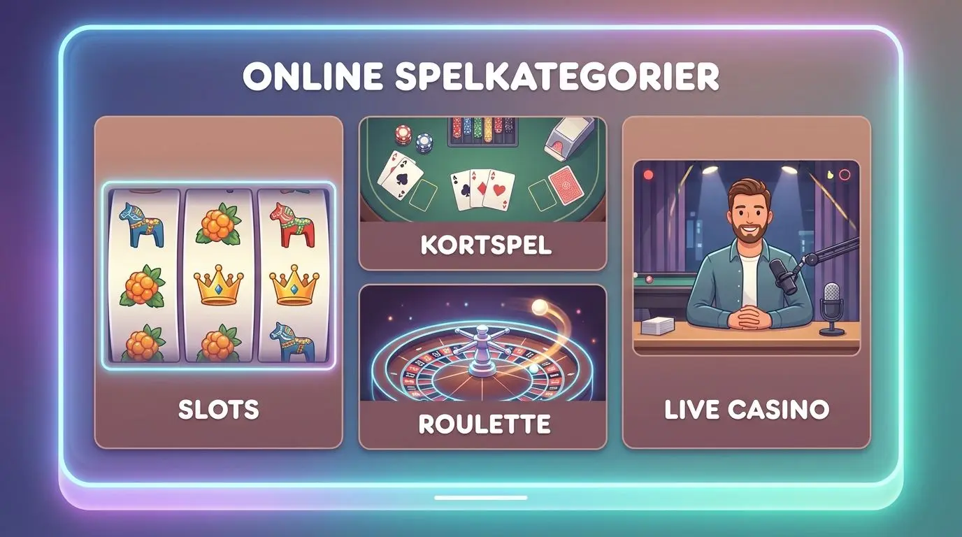 Illustration av slots, bordsspel och live studio i svensk online miljö