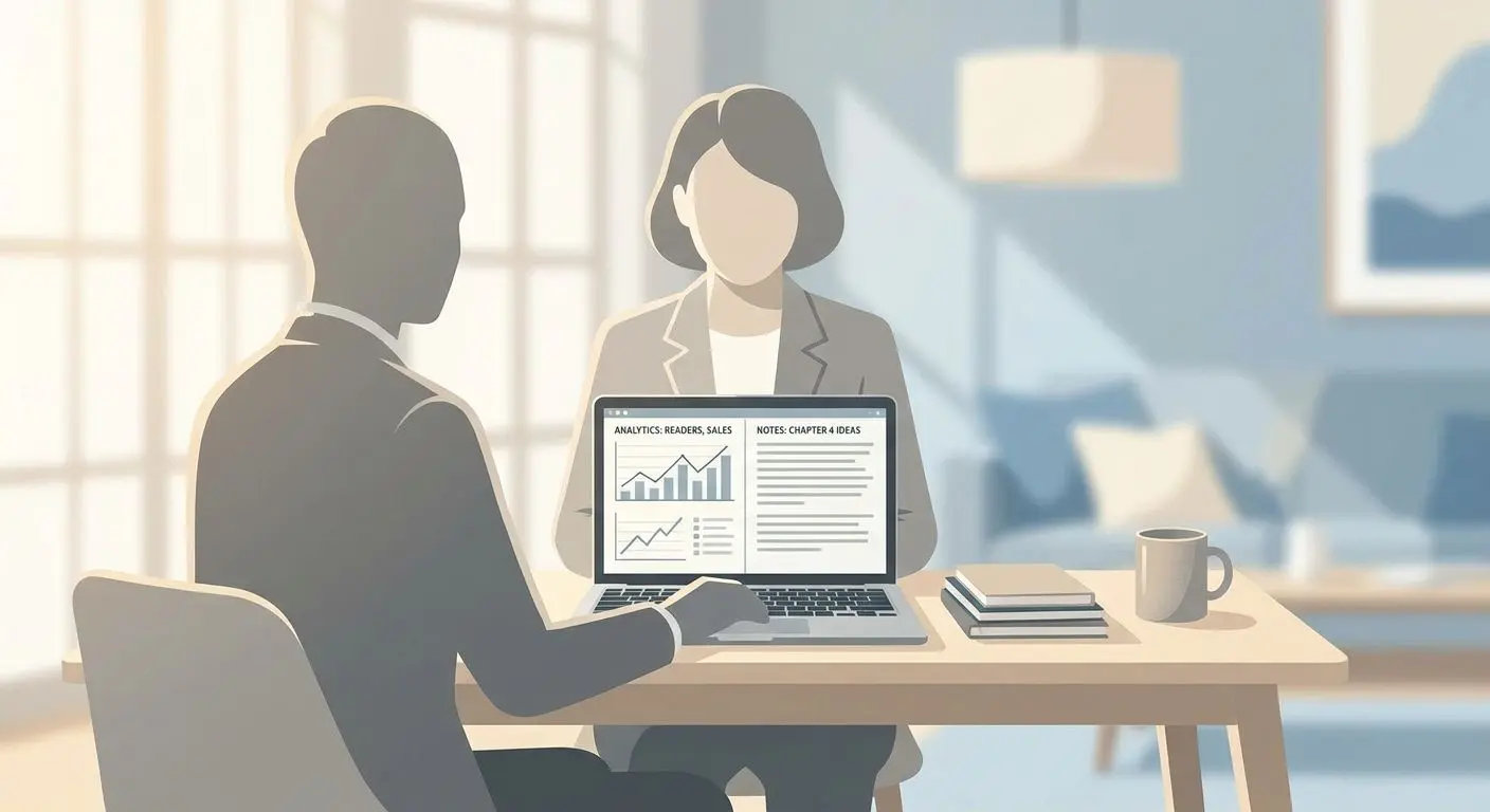 Illustration av skribent och analytisk arbetsmiljö