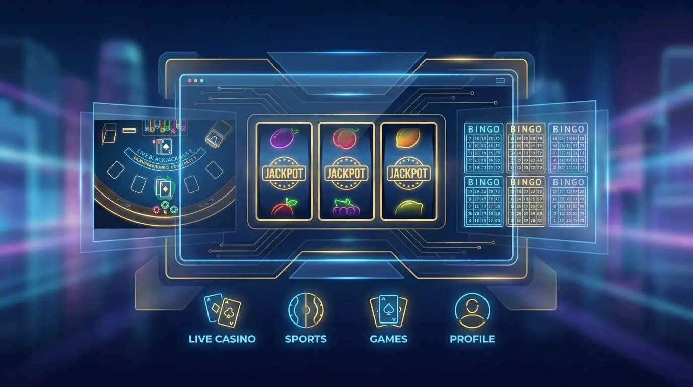 Ăversikt över PlayOJO-spel Illustration av slots, live-spel och bingo i samma översikt