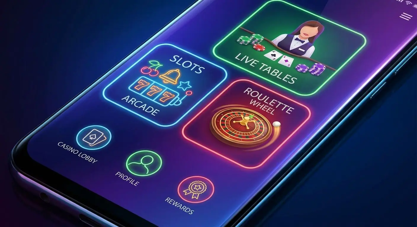 Mobilvy med olika spelkategorier som slots, live och roulette