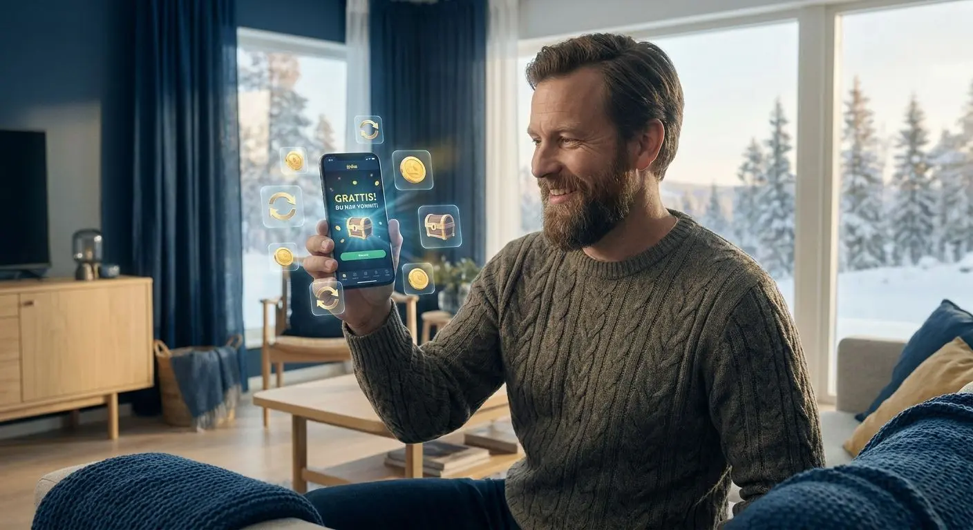 Spelare med mobil och bonusikoner i PlayOJO-tema
