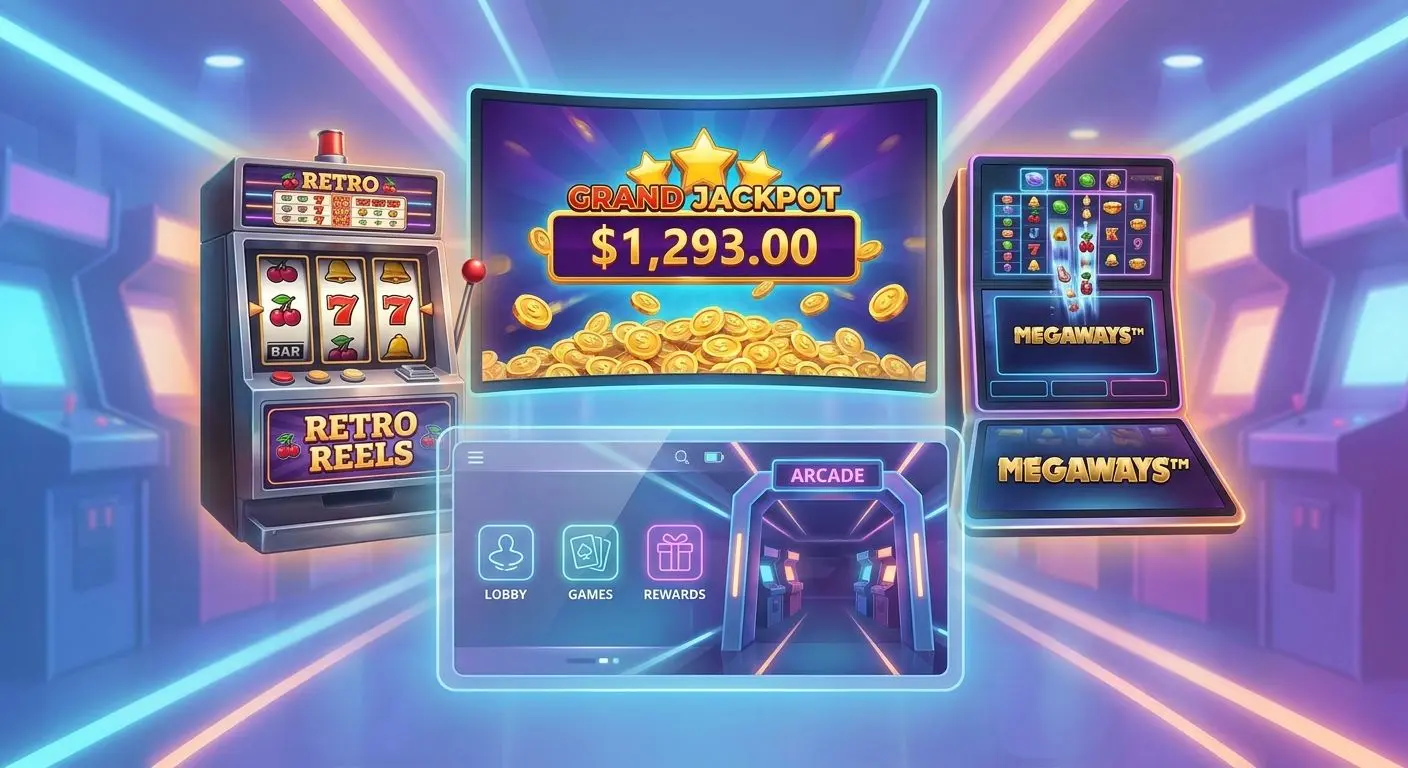 Illustration av olika typer av spelautomater i samma lobby
