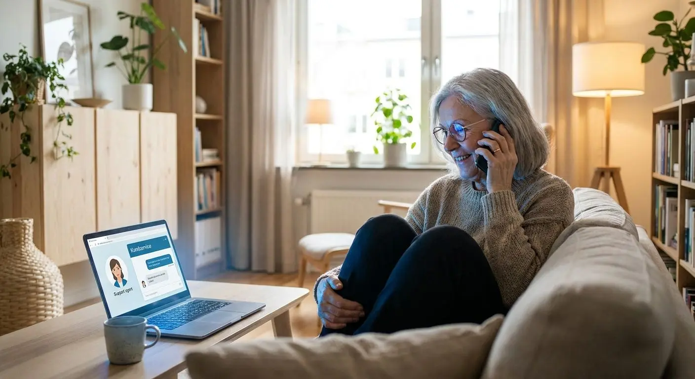 Spelare chattar med support på mobil och dator hemma